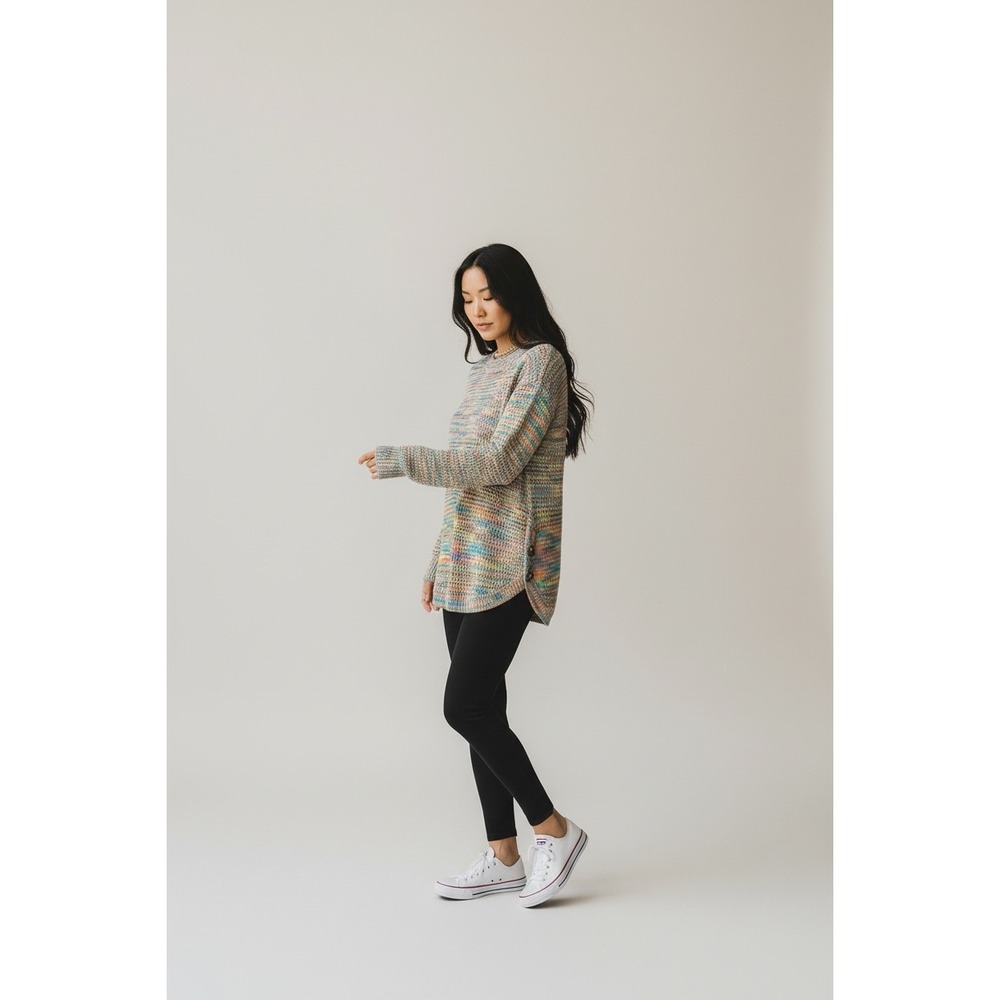 John Paul Richard M Multicolor Open Knit‎ Sweater rainbow Crewneck button  side